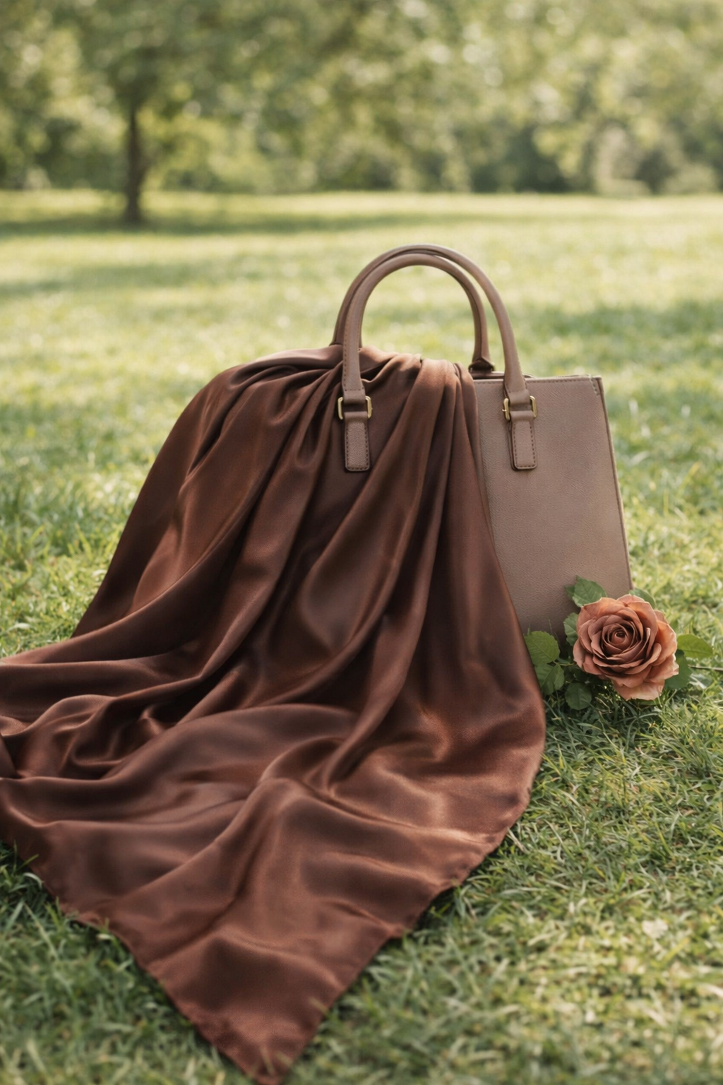 Hijab en satin chocolat posé sur un sac dans un parc, ambiance élégante et naturelle