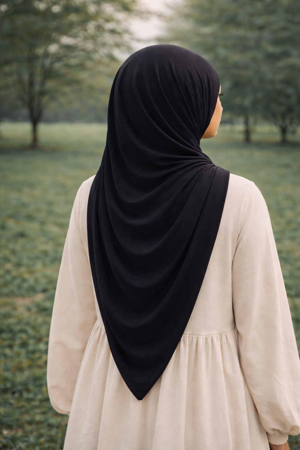 Femme portant un hijab jersey noir dans un parc, tombé long et fluide, ambiance naturelle