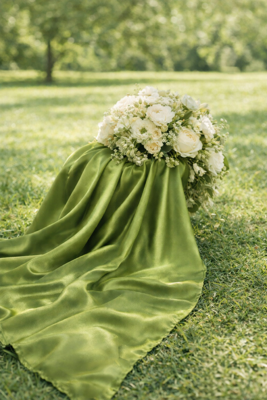 Hijab en satin vert pistache posé sur l’herbe, ambiance naturelle et élégante avec bouquet de fleurs