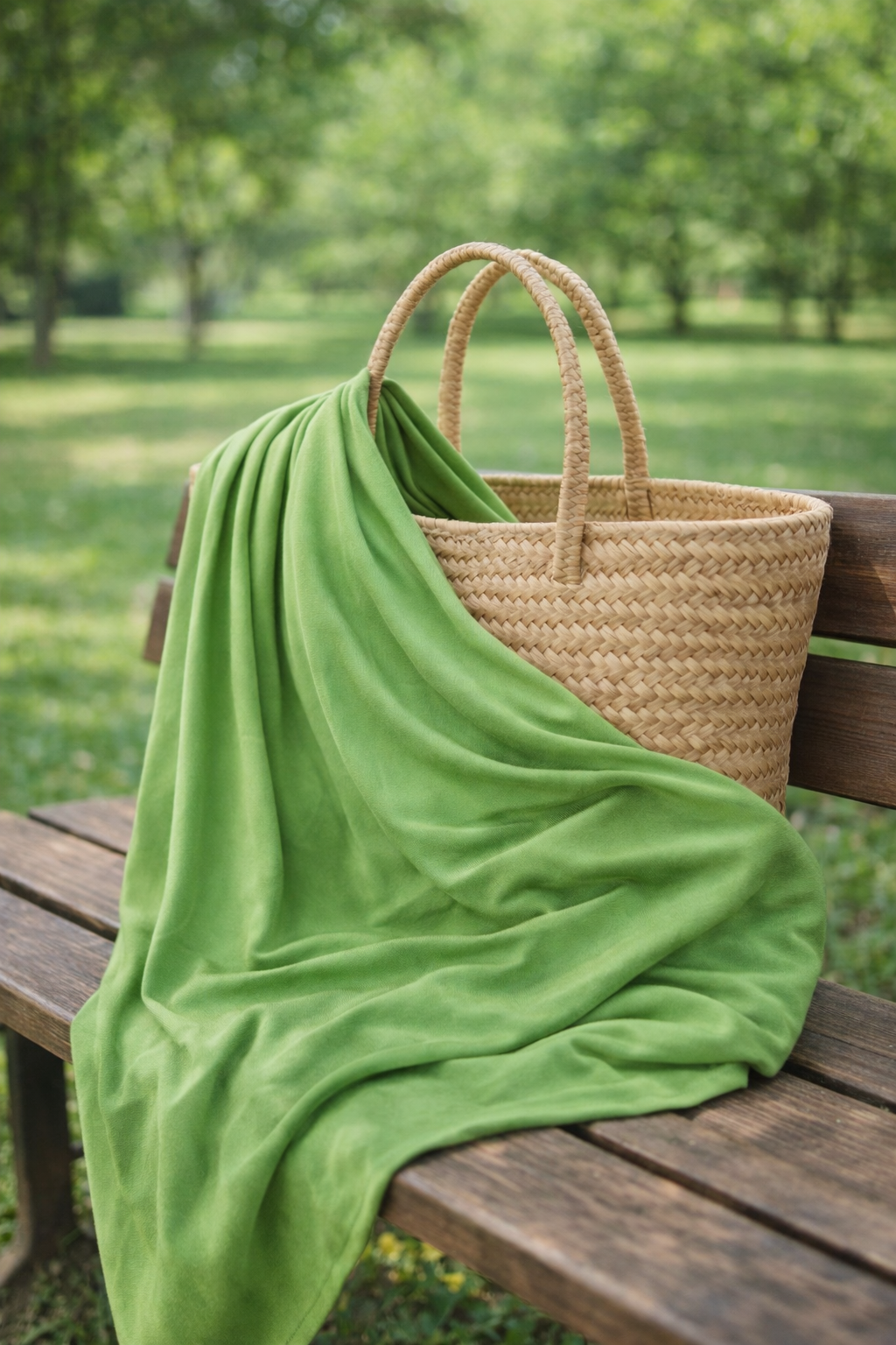 Hijab jersey vert pistache posé dans un parc, ambiance naturelle, tissu fluide et mat