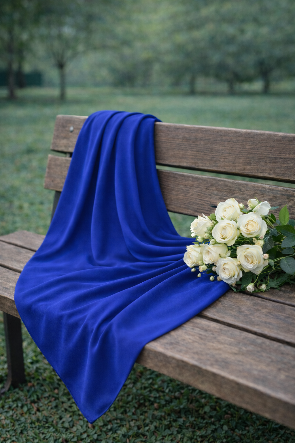 Hijab jersey bleu électrique posé dans un parc avec des roses blanches, ambiance douce et raffinée